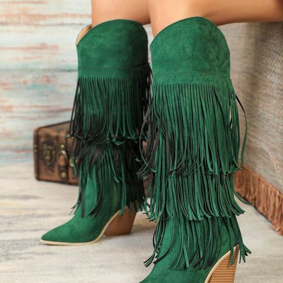 Green Western Women's Knee-High Faux Suede Cowboy Boots - Picture 3 of 7